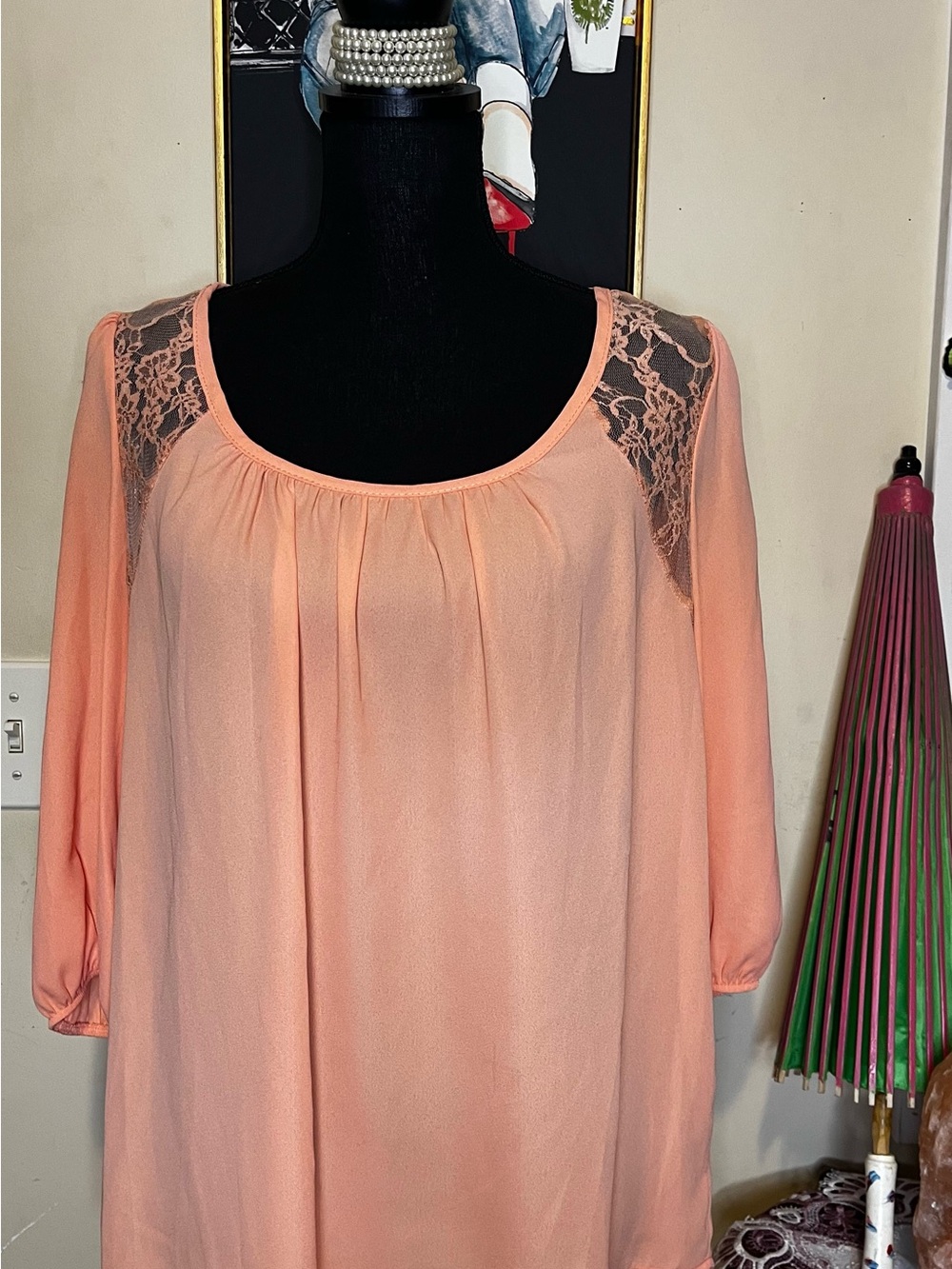 ezra Peach Lace-Shoulder Scoop Neck Blouse